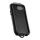 Черна защитна стойка OPTI-CASE с прозрачен преден панел, показваща iPhone с активен екран и приложения, със система за бързо захващане отгоре