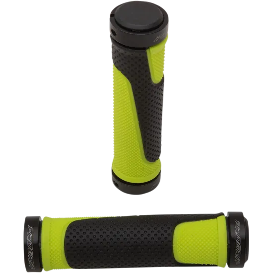 Жълто-черни ръкохватки PROGRIP 807 с диамантена текстура, показващи двуплътностната конструкция и черните Lock-On капачки на краищата