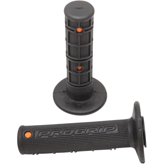 Черни мото ръкохватки PROGRIP 799 DUAL с геометричен релефен десен тип половин вафла и оранжеви акценти на бял фон