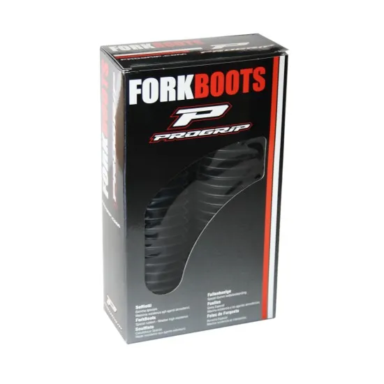 Черни предпазители за предница PROGRIP Fork Boots в опаковка с ребриста гумена повърхност и червено-черен дизайн на кутията