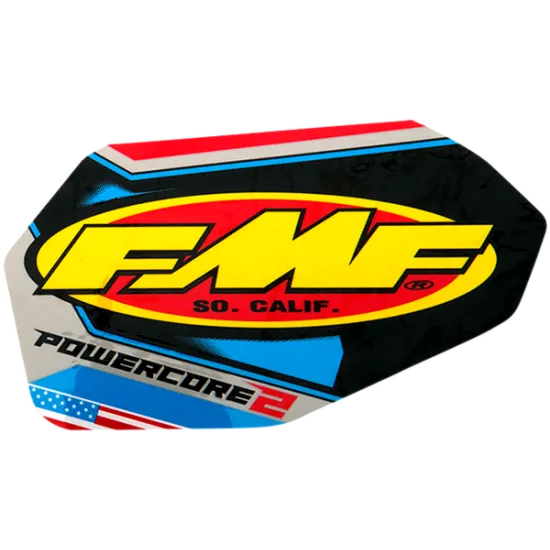 FMF Powercore 2 стикер с жълто лого върху червена основа, сини и бели декоративни елементи и американски флаг мотиви