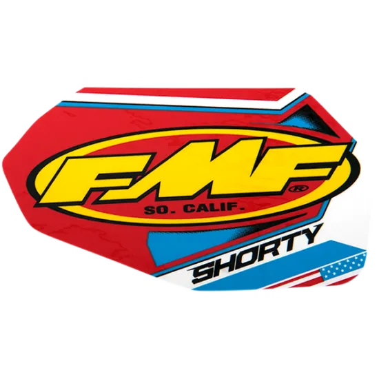Стикер FMF Shorty с червена основа, жълт FMF лого, сини акценти и надпис SO. CALIF