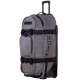 Сив меланжов сак OGIO RIG 9800 Dark Static с черна телескопична дръжка, големи колела и множество джобове, показан отворен с червена вътрешност и мотоекипировка вътре