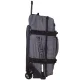 Сив меланжов сак OGIO RIG 9800 Dark Static с черна телескопична дръжка, големи колела и множество джобове, показан отворен с червена вътрешност и мотоекипировка вътре