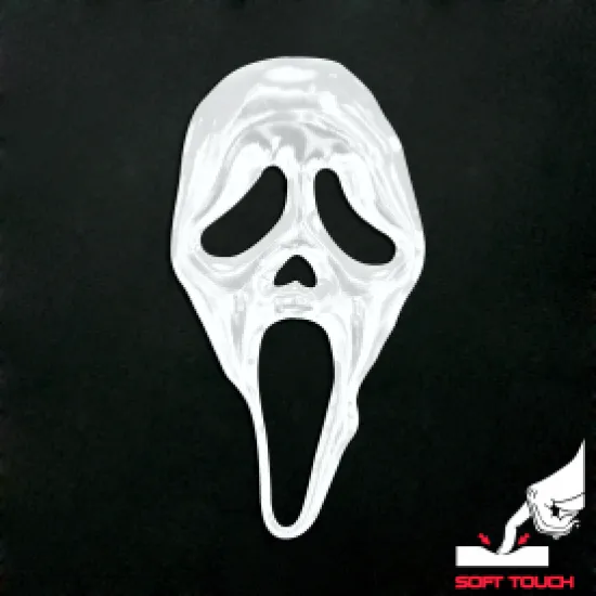 3D стикер ONEDESIGN с бял призрак във форма на маска Scream с черни отвори за очи и удължена уста на тъмен фон