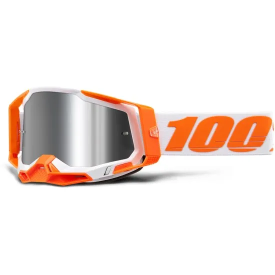 Мотокрос очила 100% Racecraft в оранжево-бяла цветова схема с огледален сребърен визьор и характерното оранжево лого на марката