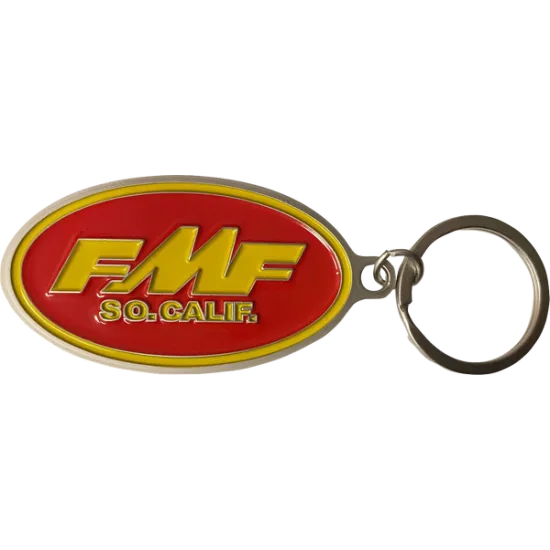Овален ключодържател FMF в червен цвят с жълти релефни букви FMF и надпис SO-CALIF, с метална верижка и карабинер