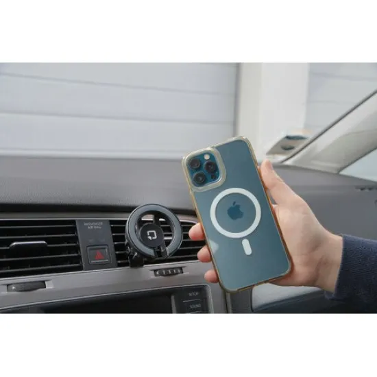 Черна магнитна стойка OPTILINE Mag Pro Airvent със сив централен елемент, монтирана на вентилационен отвор в автомобилна табло