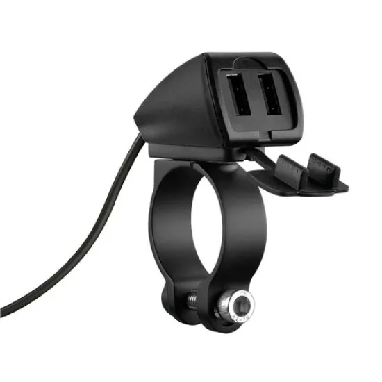 Черно USB зарядно OPTILINE Trek 2 с два порта, монтирано с метална скоба на кормило, с черен кабел и защитен капак