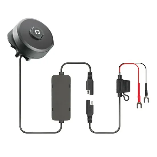 Черен вибрационен демпфер OPTILINE Wireless с кръгла зарядна повърхност, лого и черен кабел за директно свързване