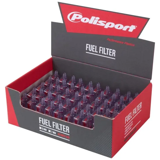 Отворена червено-сива кутия POLISPORT Performance Plastics с множество прозрачни филтри за гориво 6mm подредени в редове