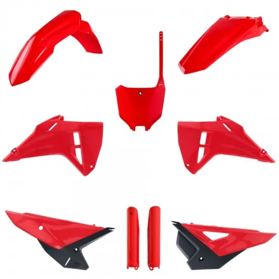 Комплект червени пластмаси Polisport за Honda CRF 250R с калници, странични панели, предна табела и накрайници на вилката в червено-черна комбинация