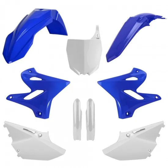 Комплект сини и бели пластмаси POLISPORT за Yamaha YZ включващ предни и задни калници, радиаторни протектори, бяла номерна табела и предпазители за вилката