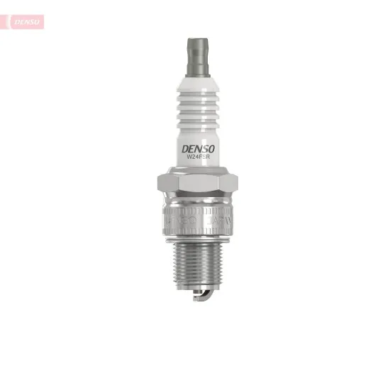 Запалителна свещ DENSO W24FSR с бяла керамична изолация с ребра, метален корпус с никелово покритие и надпис W24FSR
