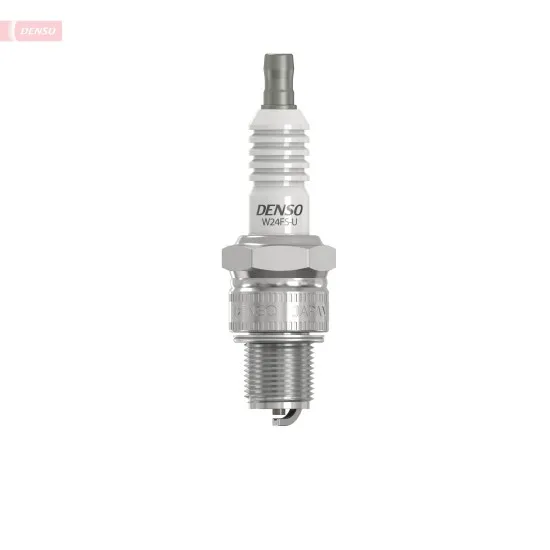 Запалителна свещ DENSO W24FS-U с бял керамичен изолатор с ребра, никелова резба и маркировка на японския производител
