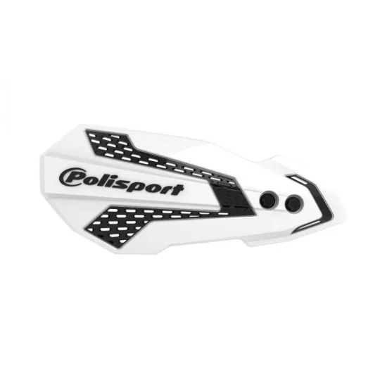 Бял протектор за кормило POLISPORT MX FLOW с черни перфорирани зони, логото на Polisport и готови отвори за монтаж