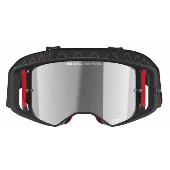 Мотокрос очила Alpinestars Supertech Corp Black/Red Mirror-Silver – антифог очила с огледална плака и Super-Lock система