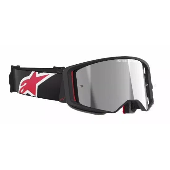 Мотокрос очила Alpinestars Supertech Corp Black/Red Mirror-Silver – антифог очила с огледална плака и Super-Lock система