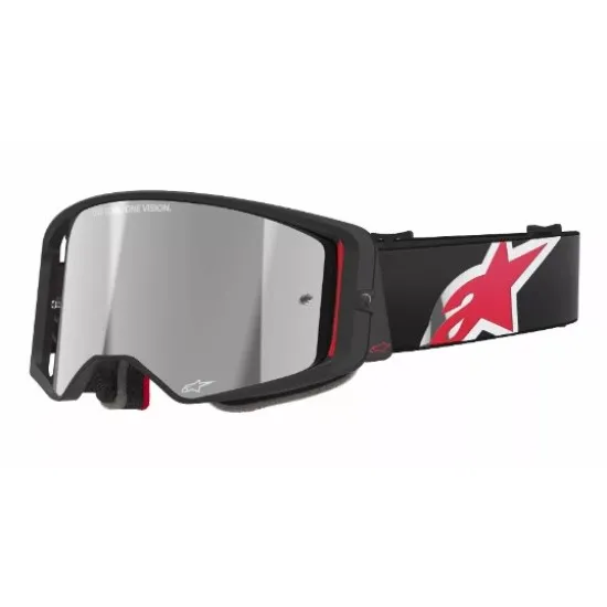 Мотокрос очила Alpinestars Supertech Corp Black/Red Mirror-Silver – антифог очила с огледална плака и Super-Lock система