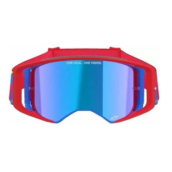 Мотокрос очила Alpinestars Supertech Corp Red/Blue Mirror-Blue – антифог очила с огледална плака и UV защита