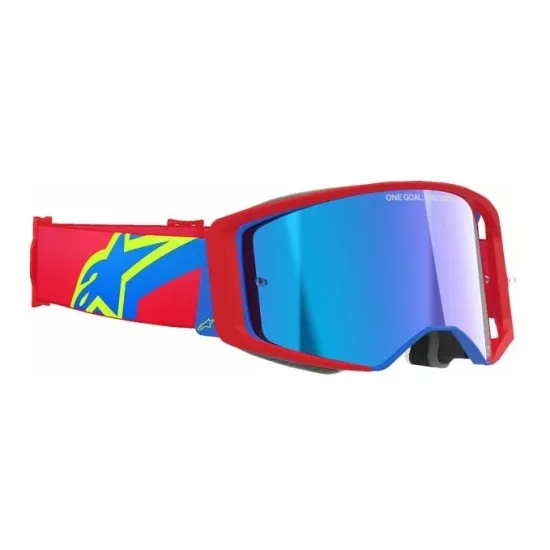 Мотокрос очила Alpinestars Supertech Corp Red/Blue Mirror-Blue – антифог очила с огледална плака и UV защита