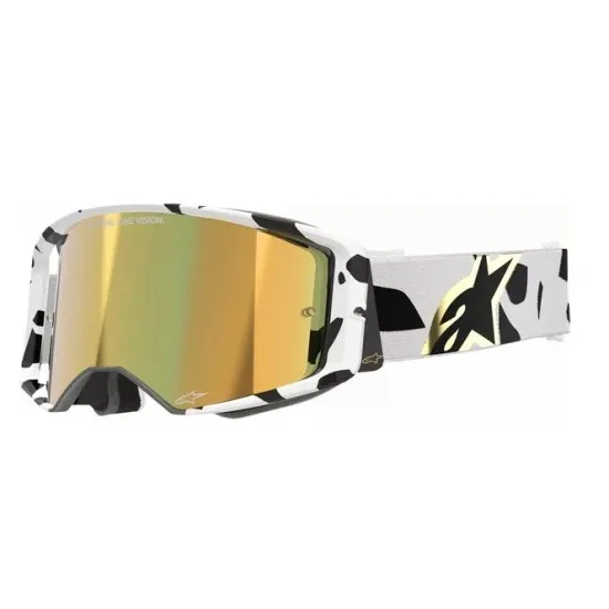 Мотокрос очила Alpinestars Supertech Corp White/Gold Mirror-Gold – антифог очила с огледална златна плака и UV защита