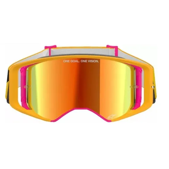 Мотокрос очила Alpinestars Supertech Corp Yellow/Pink Mirror-Red – антифог очила с огледална червена плака и UV защита
