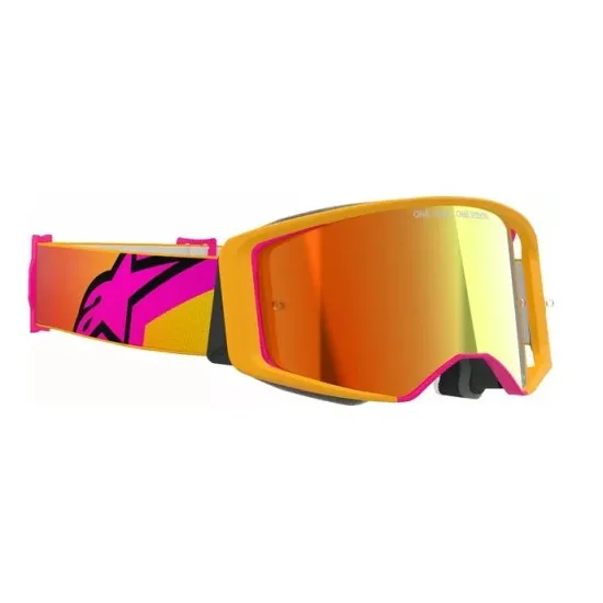 Мотокрос очила Alpinestars Supertech Corp Yellow/Pink Mirror-Red – антифог очила с огледална червена плака и UV защита