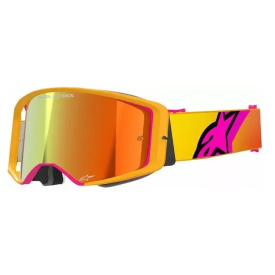 Мотокрос очила Alpinestars Supertech Corp Yellow/Pink Mirror-Red – антифог очила с огледална червена плака и UV защита