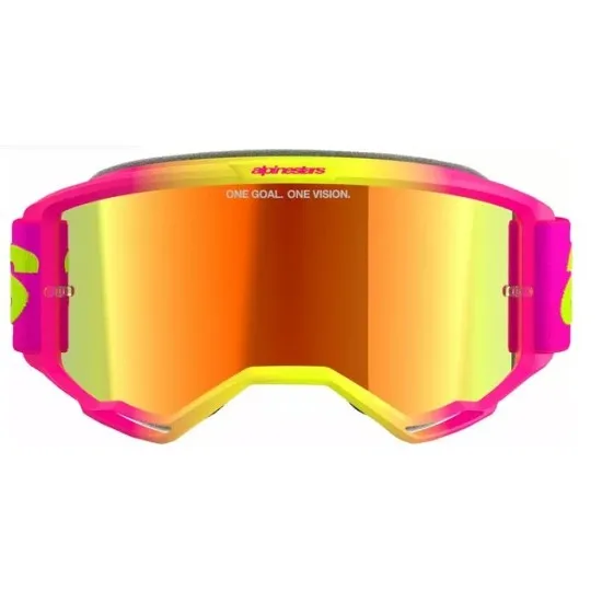 Мотокрос очила ALPINESTARS VISION 5 WORDMARK PNK/YLW MIRROR-RED – Широко зрително поле и защита от замъгляване