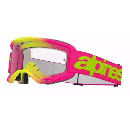 Мотокрос очила Alpinestars Vision 5 Wordmark Pink/Yellow Clear – с антипотна плака и RAM-AIR вентилация