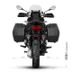 Сребристо-сив Moto Guzzi Stelvio 1000 2024 с монтирани черни SHAD куфари - горен и два странични, показващ пълната 3P система