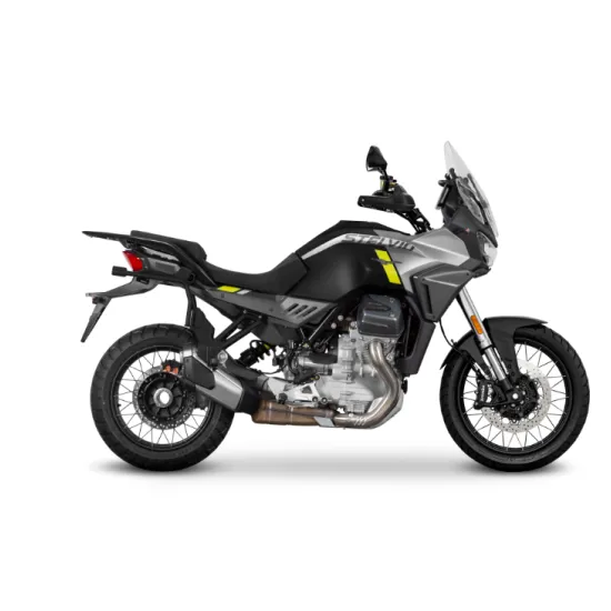 Сребристо-сив Moto Guzzi Stelvio 1000 2024 с монтирани черни SHAD куфари - горен и два странични, показващ пълната 3P система
