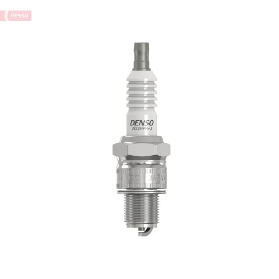 Запалителна свещ Denso W22FPR-U с бяла керамична изолация с ребра, сребрист метален корпус и централен електрод