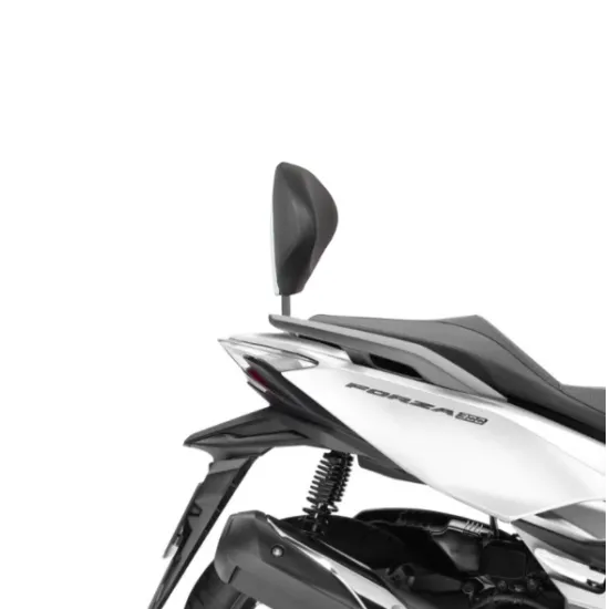 Бял Honda Forza 125i скутер с монтирана черна облегалка чрез SHAD система