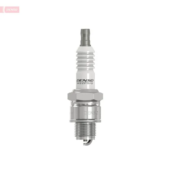 Запалителна свещ DENSO W22FS-U с бял ребрист керамичен изолатор, сребрист метален корпус и никелов електрод