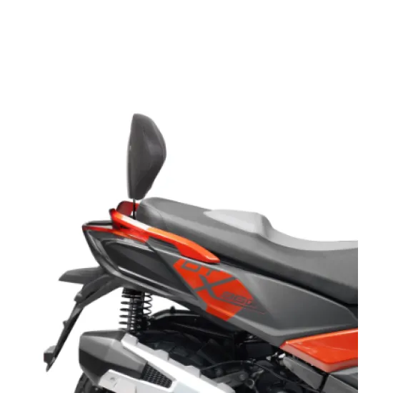 Монтажен комплект SHAD за облегалка показан на сив KYMCO DTX 360 скутер с червено-оранжеви акценти и черна седалка
