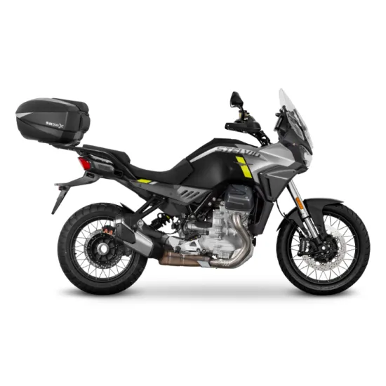 Сив Moto Guzzi Stelvio 1000 със странични куфари SHAD в различни конфигурации - само заден куфар, с два странични куфара и пълен комплект от три куфара