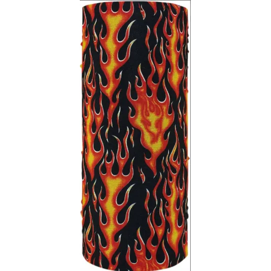Цилиндрична мултифункционална кърпа CLASSIC FLAME с червени и жълти реалистични пламъци на черен фон с бели контури