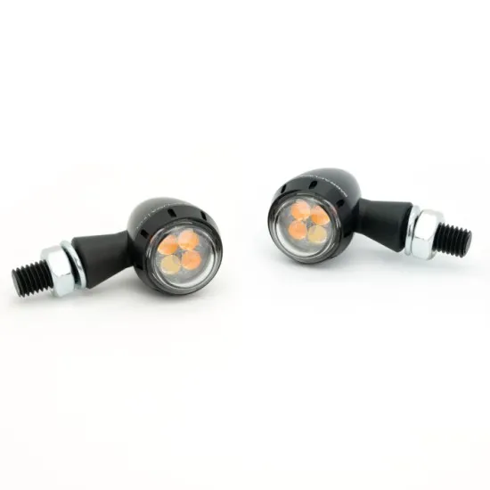 Черни LED мото мигачи BARRACUDA с алуминиев корпус, янтарни и бели светодиоди, сферичен дизайн и резбово свързване