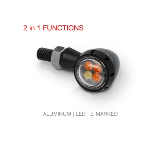 Черни LED мото мигачи BARRACUDA с алуминиев корпус, янтарни и бели светодиоди, сферичен дизайн и резбово свързване