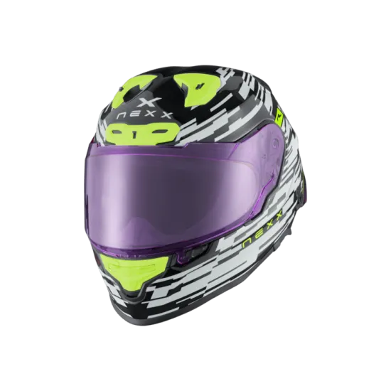 Спортна каска NEXX X.R3R GLITCH RACER WHITE/NEON – бяла каска с неонови акценти, аеродинамичен дизайн и Pinlock визьор