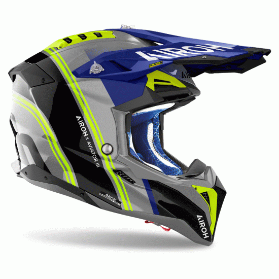 AIROH AVIATOR 3 HIMA BLUE YELLOW – офроуд каска с AMS2 Plus система, хидратация и аеродинамичен дизайн