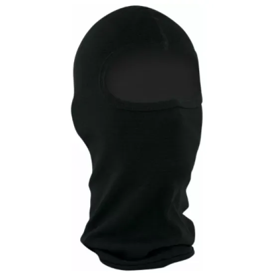 Черно памучно мотористично боне ZANheadgear с отвори за очи и уста, показано изправено върху бял фон