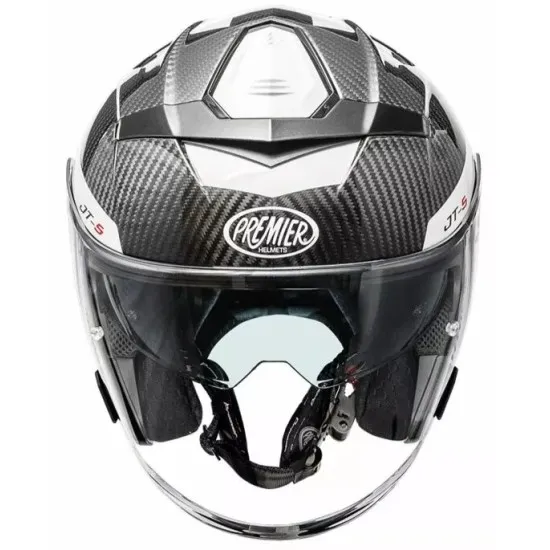Скутер каска Premier JT5 Carbon MA 8 BLACK/WHITE – карбонова каска с двойни визьори и Bluetooth поддръжка