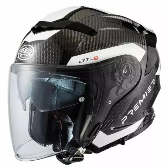 Скутер каска Premier JT5 Carbon MA 8 BLACK/WHITE – карбонова каска с двойни визьори и Bluetooth поддръжка