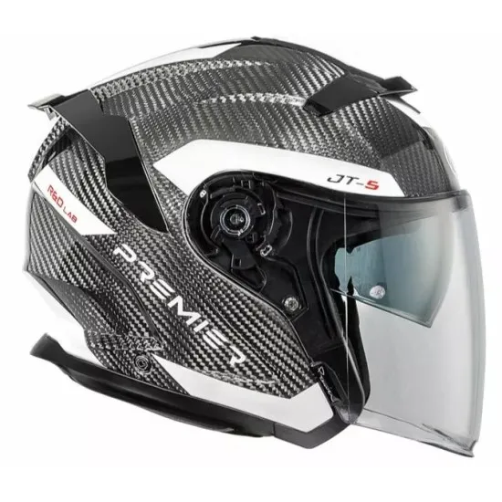 Скутер каска Premier JT5 Carbon MA 8 BLACK/WHITE – карбонова каска с двойни визьори и Bluetooth поддръжка