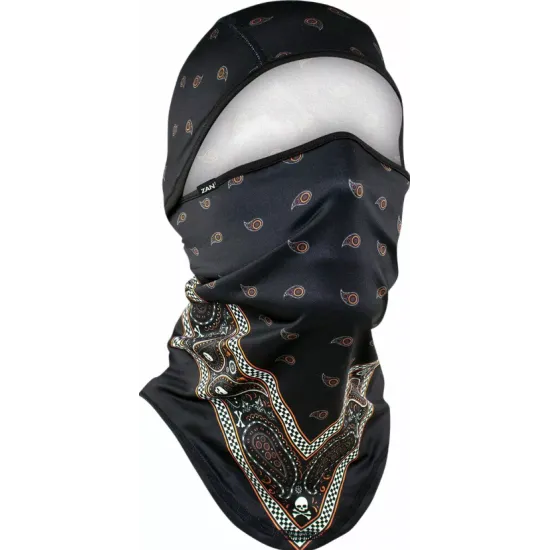Черен боне ZANheadgear Sportflex с оранжево-кафяви пейзли мотиви и бандана част с череп и геометрични орнаменти, показан на бял манекен