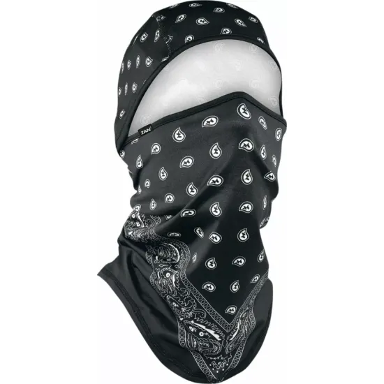 Черна многофункционална боне ZANheadgear с бели paisley мотиви, показана върху манекенска глава като лицева маска и боне едновременно