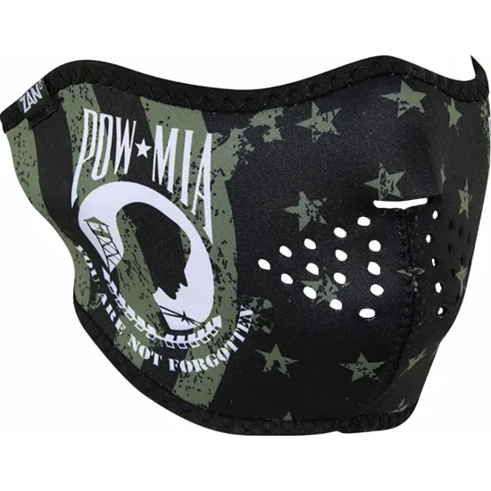 Черна неопренова мото маска с POW-MIA лого, камуфлажни зелени елементи, военни звезди и перфорирани отвори за дишане